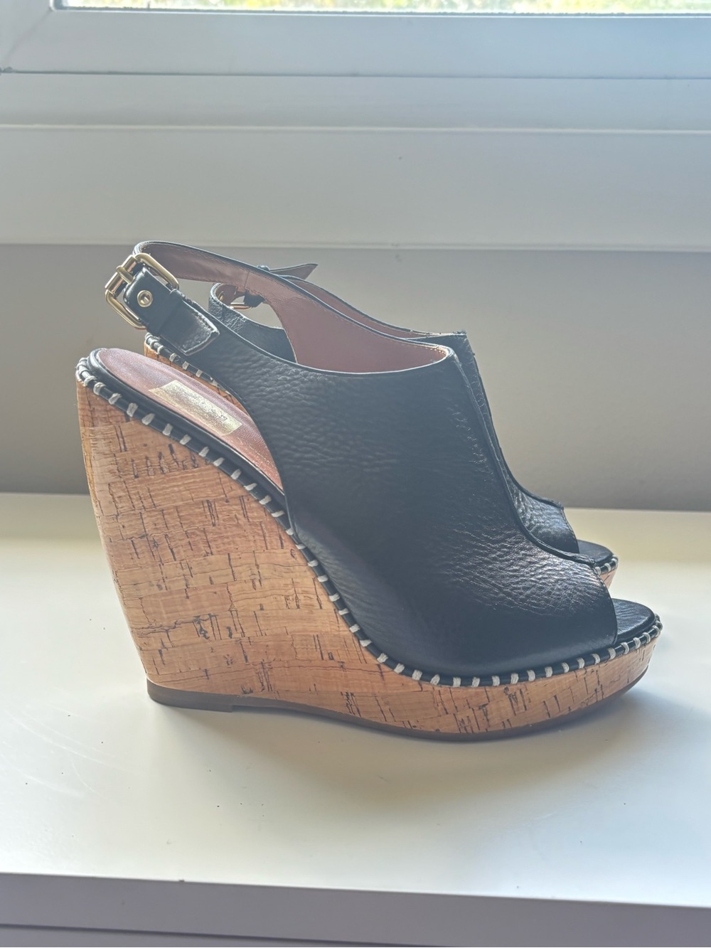 DOLCE VITA black leather peep toe wedge with “wooden” style heel 8.5